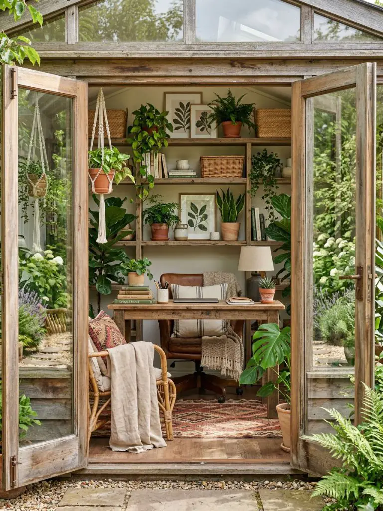 A boho-inspired garden office with open double doors and abundant greenery, blending eclectic and warm minimalist styles.
