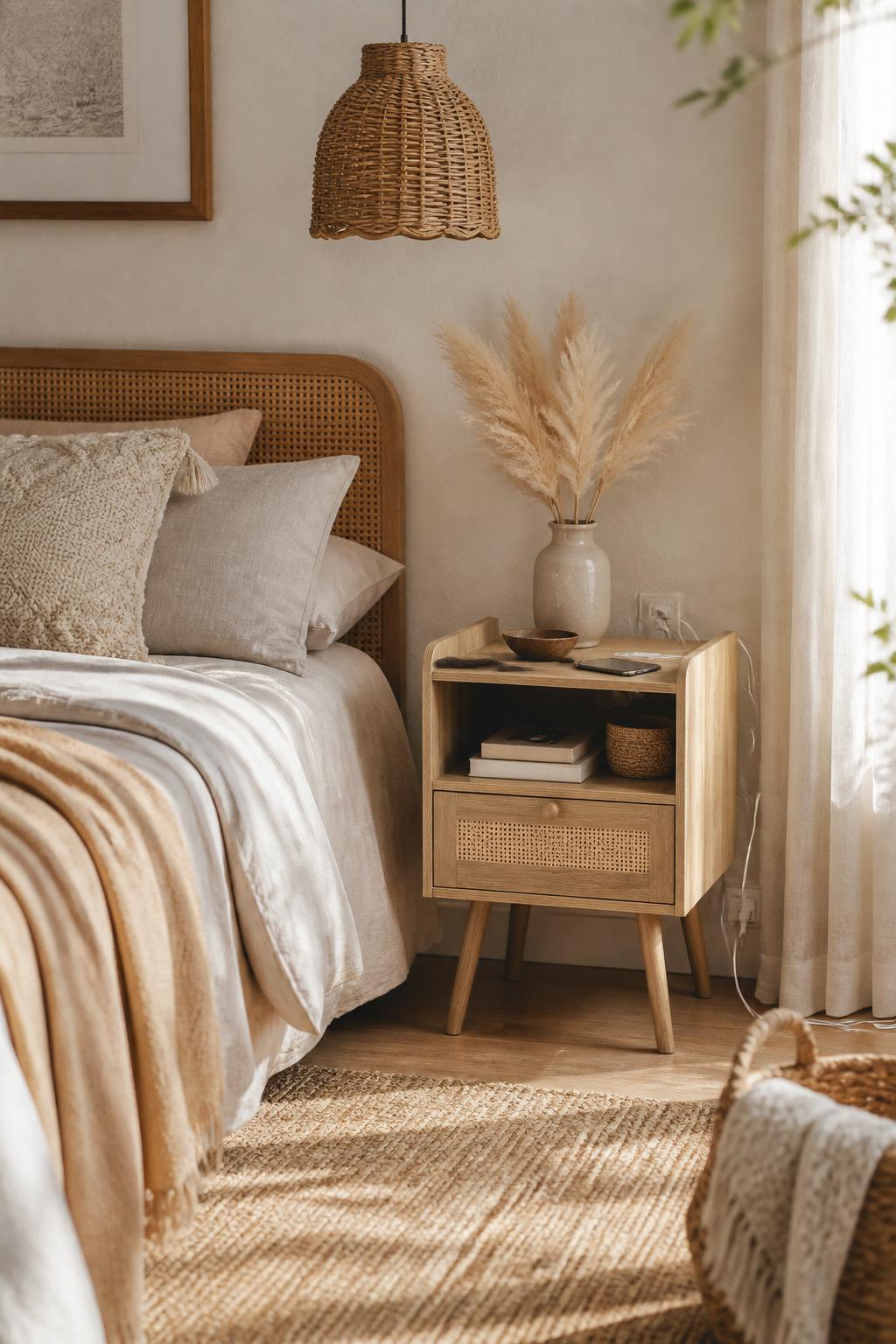 bedroom scene with a pale wood boho nightstand featuring a natural cane drawer front, minimal book stack, glass carafe with a single flower.