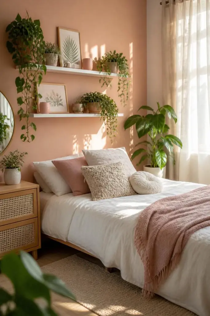 This cozy boho small bedroom uses a warm peachy-pink accent wall layered with lush, cascading hanging plants and floating white shelves disp.