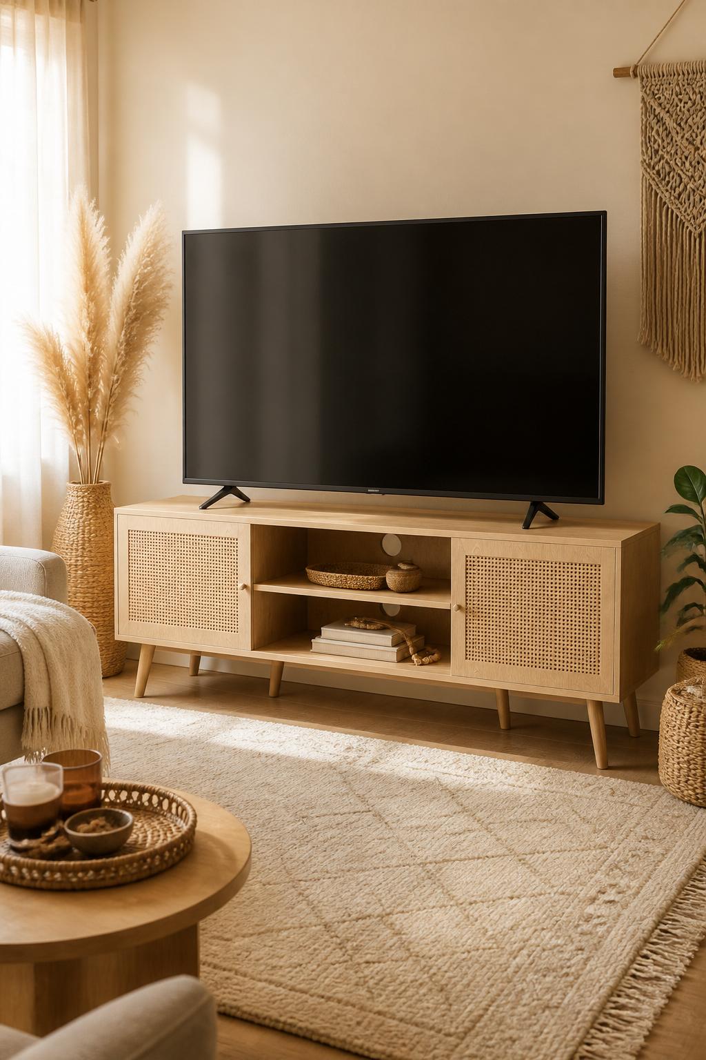 boho entertainment area with a low-profile natural wood TV stand featuring cane cabinet doors, flat-screen TV on top, ceramic vases, stacked.