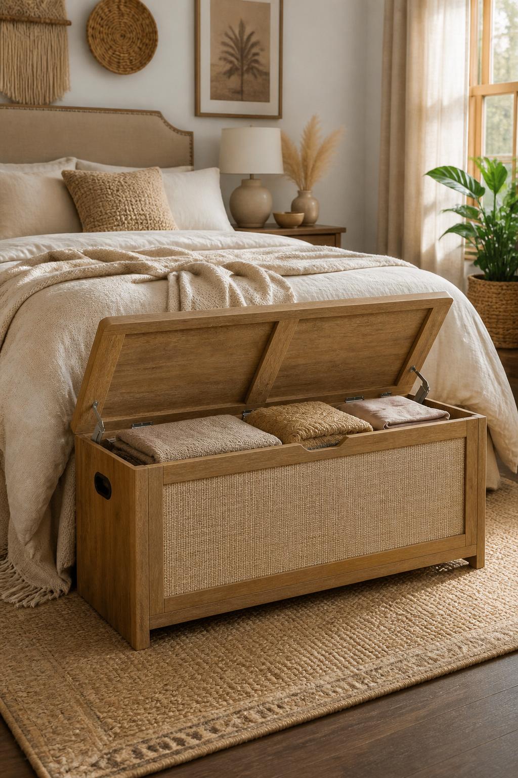 image of a cozy bedroom with a light wood rectangular storage bench at the foot of the bed, slatted lower shelf with woven baskets, soft lin.