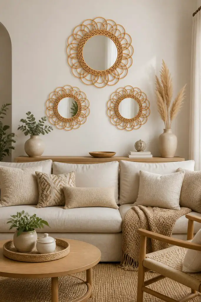 A stylish bohemian living space featuring a trio of rattan flower-shaped mirrors arranged artfully above a long, plush sofa.
