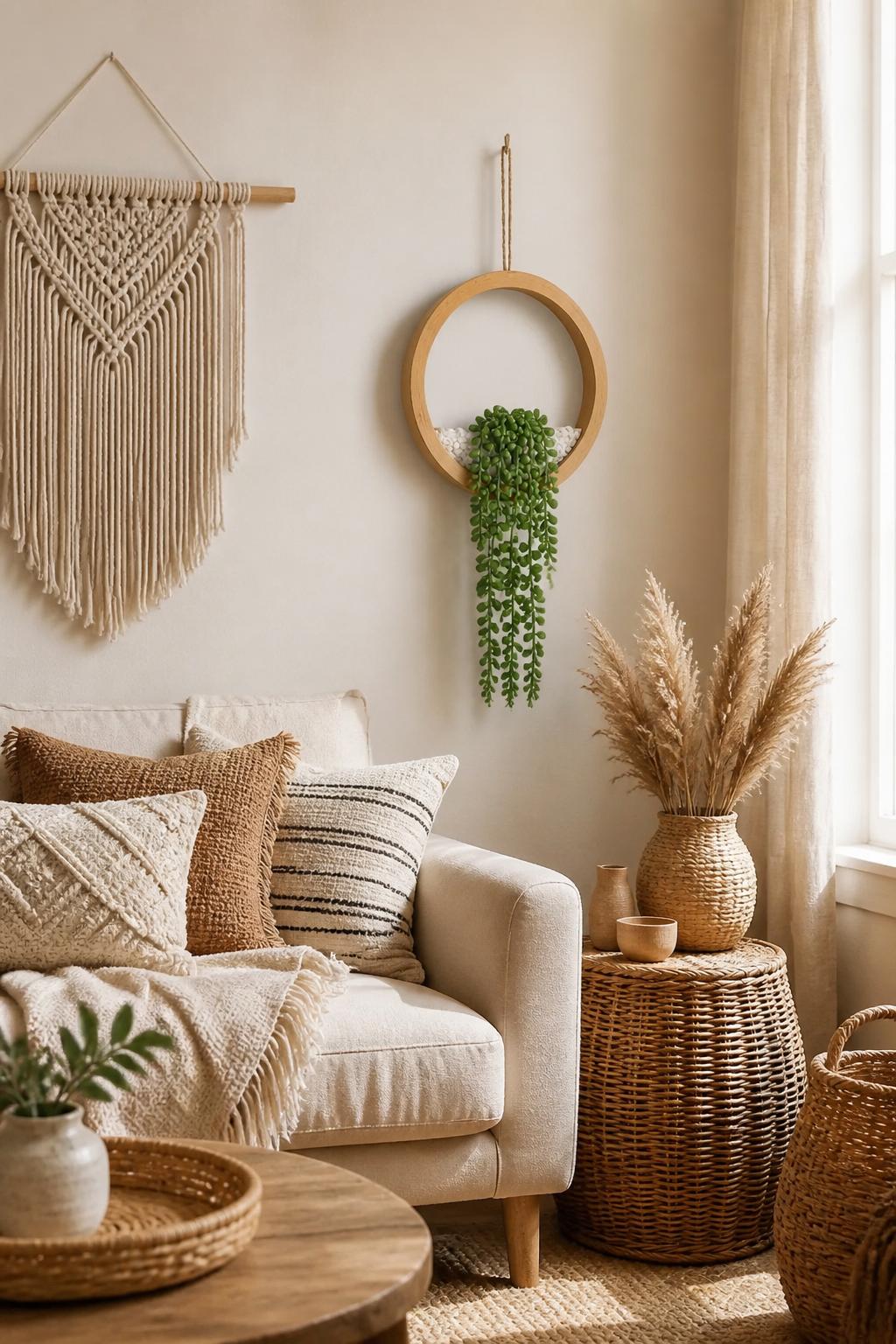 Magazine-style interior photo of a neutral wall with macramé wall hangings, hanging potted plants in boho holders, a minimalist wooden bench.