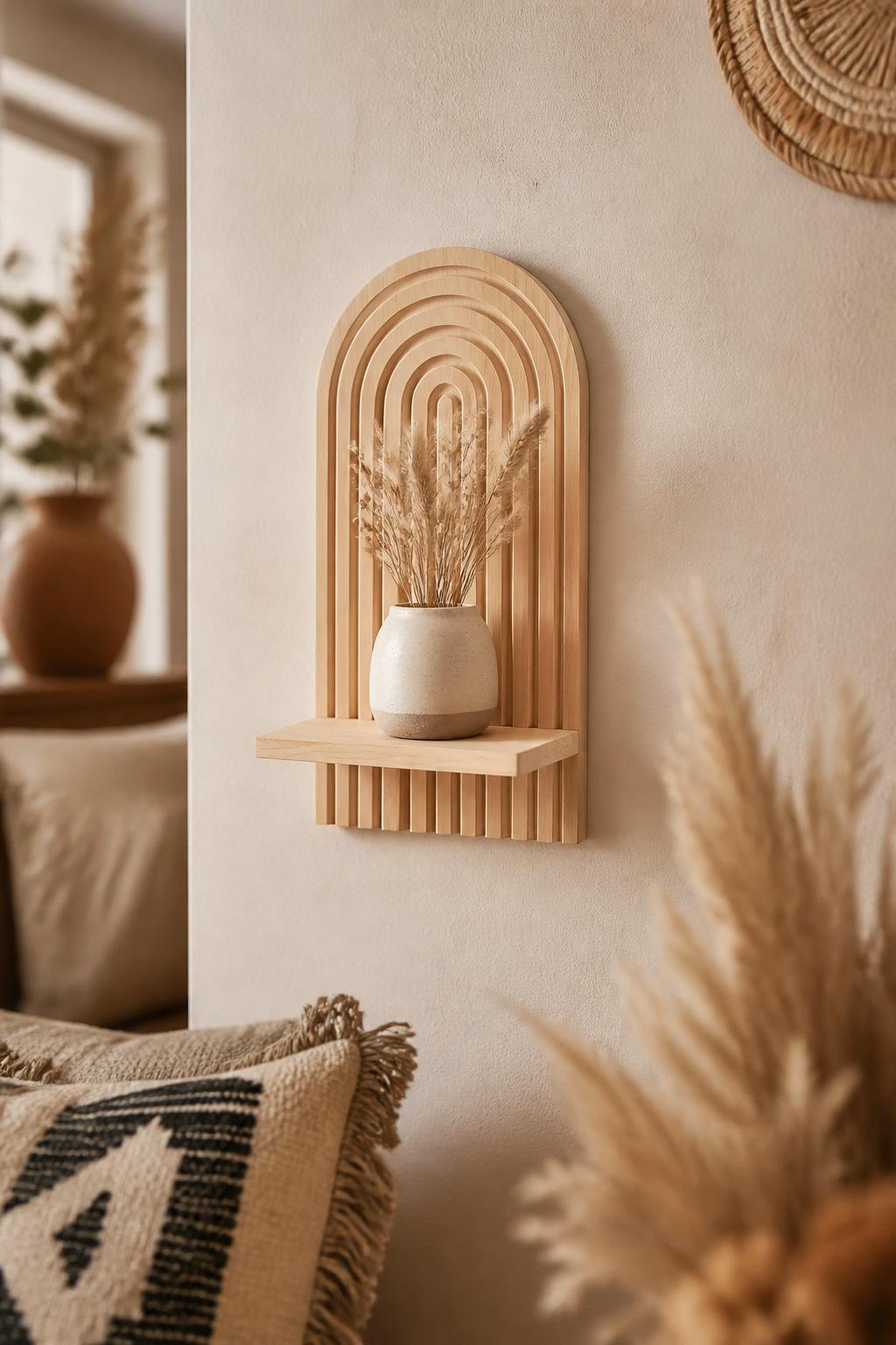 close-up of a floating natural wood wall shelf with minimalist design, holding small potted succulents in ceramic pots and a single candle.