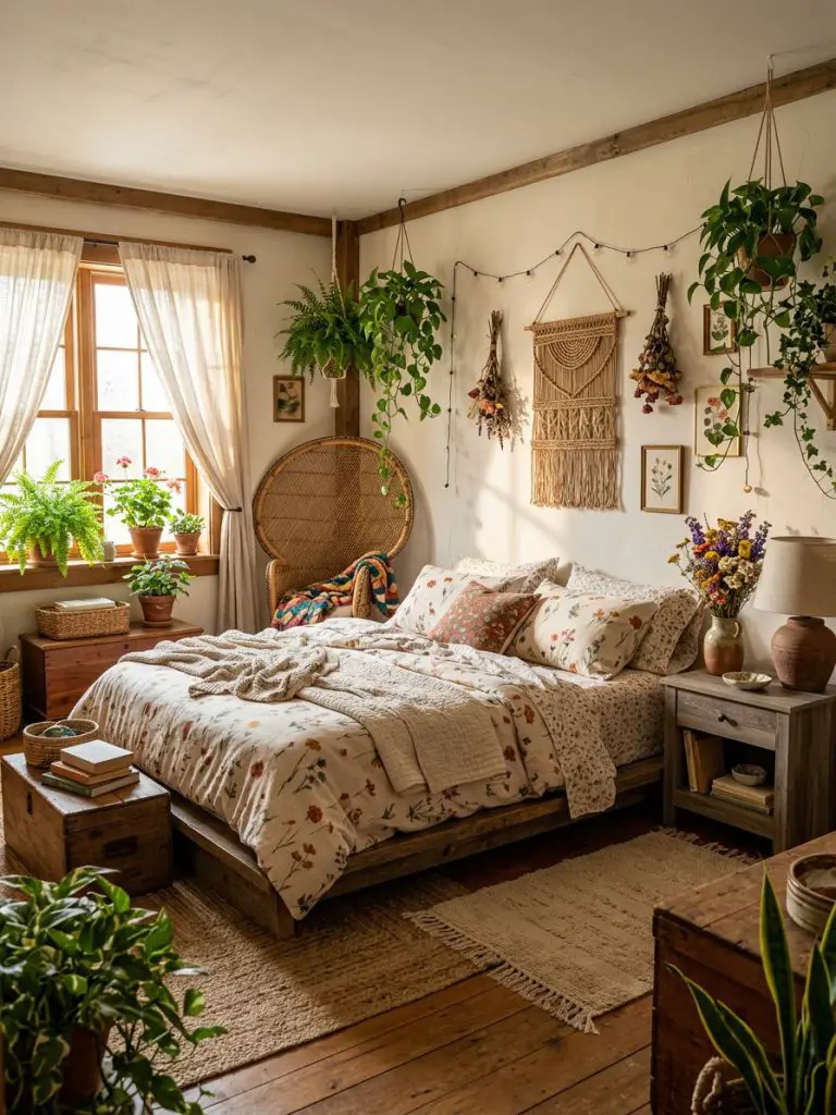 A relaxed boho wildflower floral bedroom filled with earthy textures, collected decor, and colorful botanical energy.