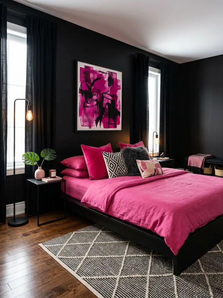 A bold modern black and pink bedroom designed with vibrant artistic accents and sleek contemporary styling in interior photography compositi.