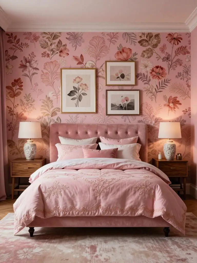 A bold blush pink bedroom with contemporary vintage styling and dramatic floral wallpaper used as a statement accent wall behind an upholste.