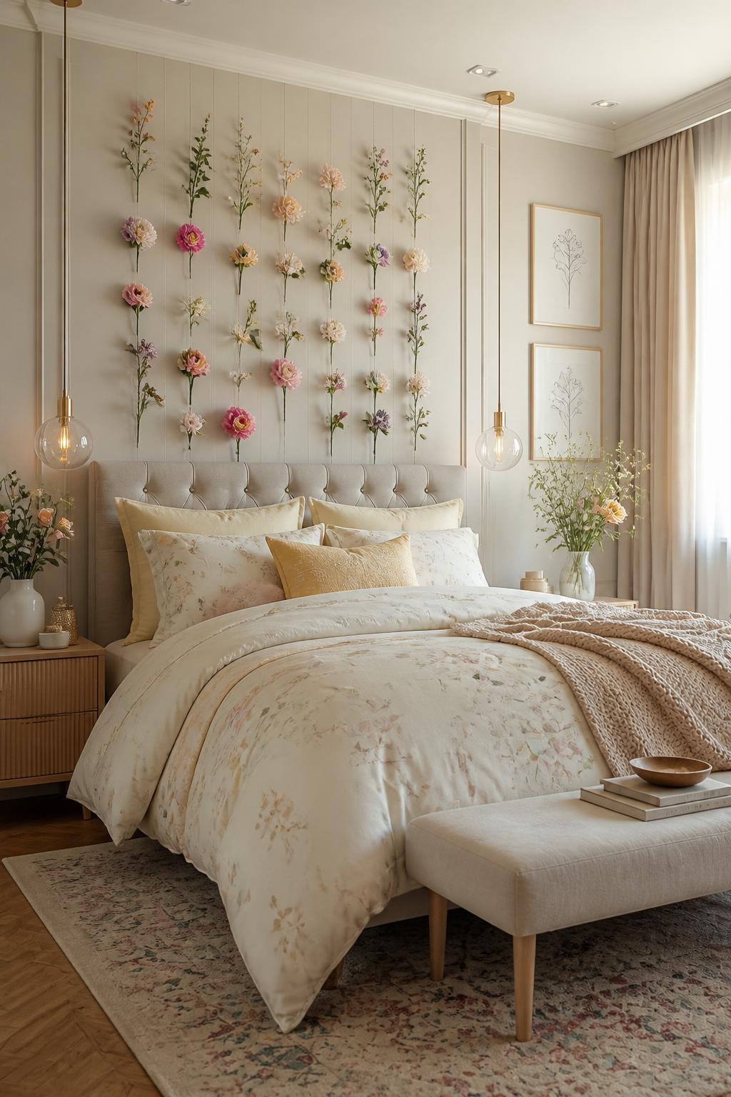 An airy, minimalist bedroom with neutral walls features a whimsical DIY flower wall made from individual pastel blooms and greenery attached.