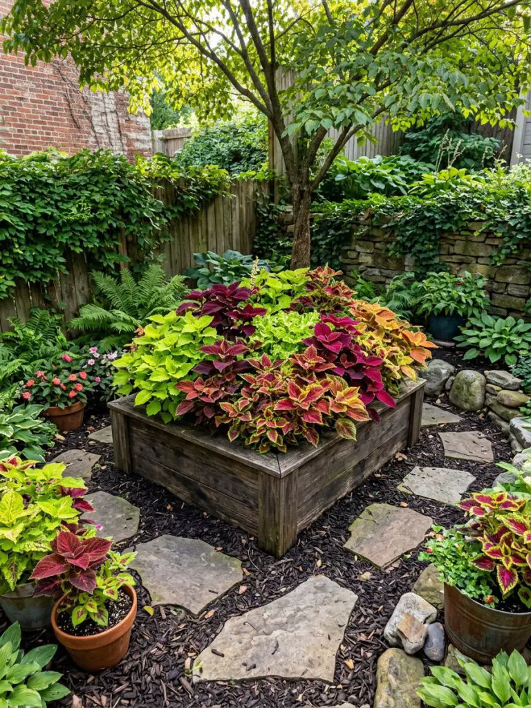 A vibrant shaded garden arrangement featuring bold coleus plants in a compact backyard layout with modern rustic styling.
