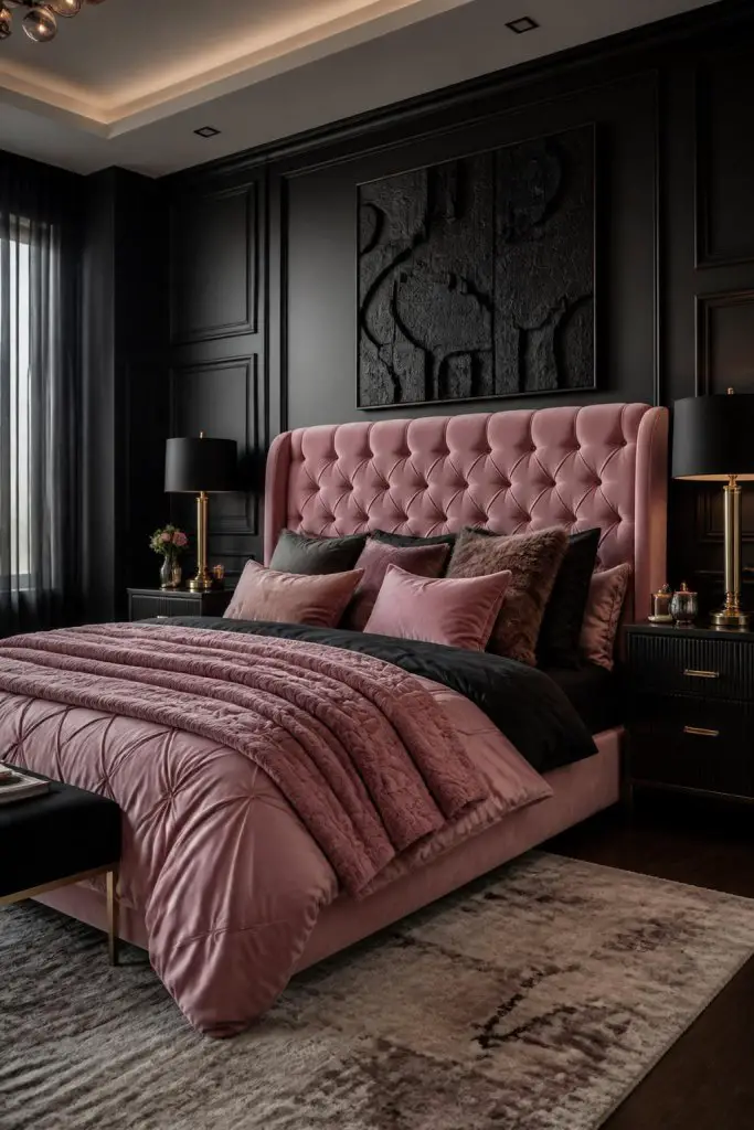 A dramatic bedroom featuring a dusty rose pink tufted headboard set against striking black paneled walls, creating an elegant, moody contras.