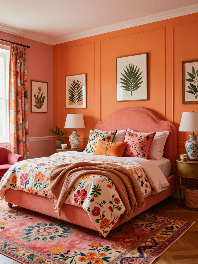 A bold eclectic pink and orange bedroom filled with playful floral patterns, layered textiles, and vibrant vintage-inspired charm.