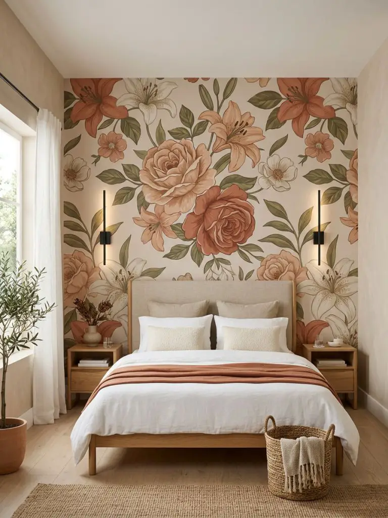 A stylish modern bedroom featuring a bold floral wallpaper accent wall positioned directly behind a low-profile upholstered bed in a warm mi.