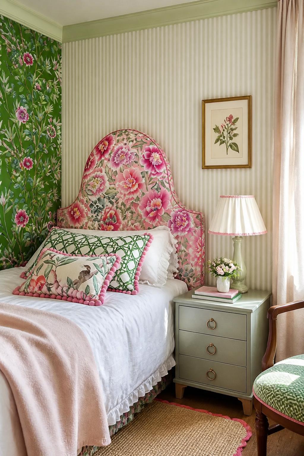 This visually striking bedroom merges classic stripes with bold, oversized florals in playful contrast.