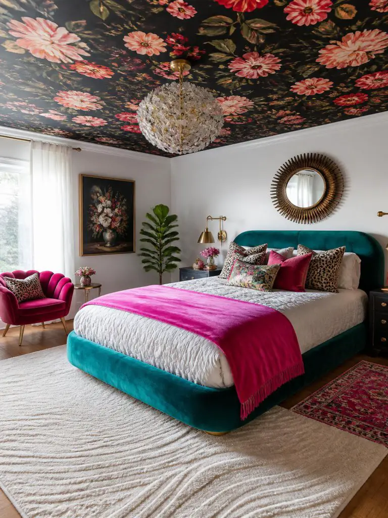A bold glam bedroom featuring a striking black floral ceiling wallpaper paired with jewel-toned velvet furniture and vibrant feminine décor.