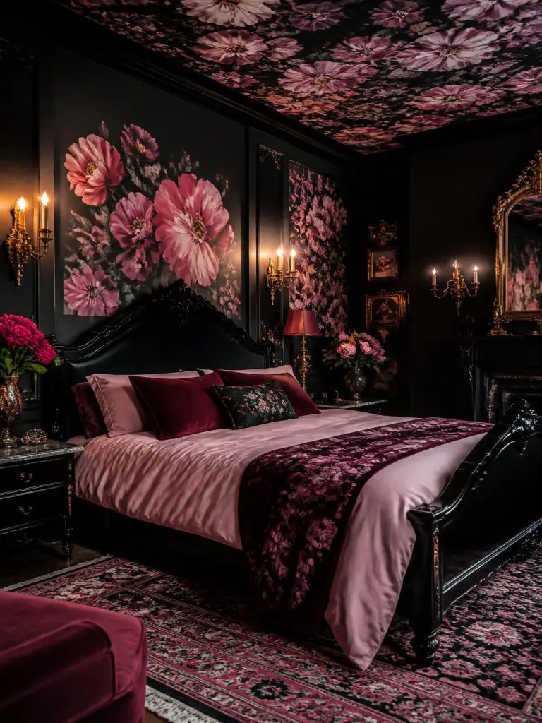 A bold gothic floral bedroom filled with dramatic maximalist energy and vivid pink botanical accents.