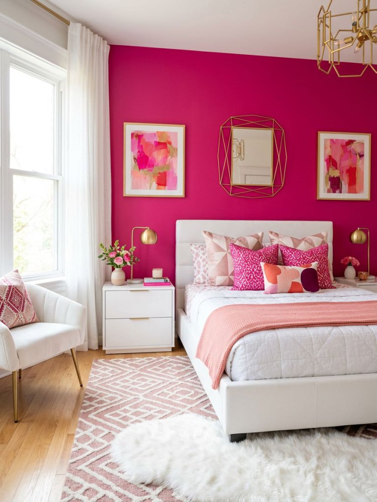 A bold glam pink and white bedroom featuring a vivid hot pink accent wall, geometric patterned textiles, white upholstered furniture, and dr.