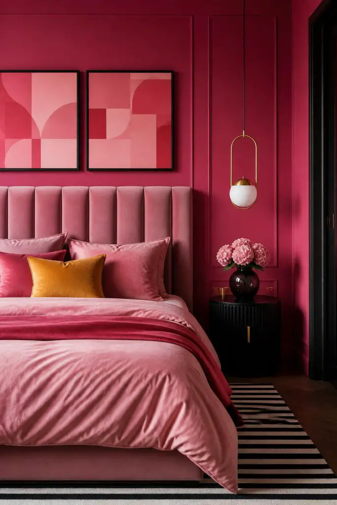 A bold modern bedroom defined by deep hot pink wall paneling with a velvet, blush-pink headboard set against the vibrant backdrop.