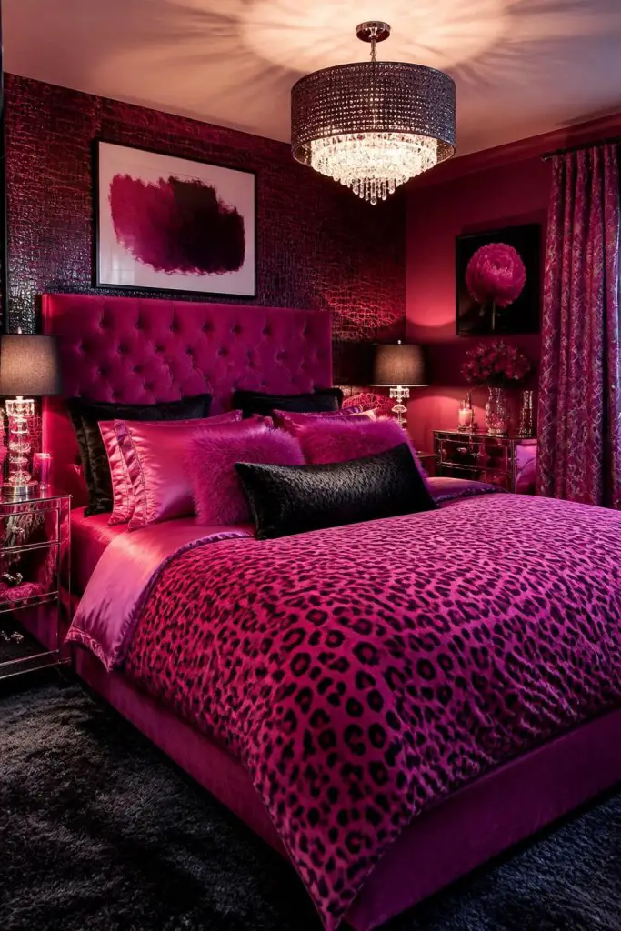 This bold bedroom bursts with a dramatic, modern-glam aesthetic, dominated by deep magenta on the walls, bed, and plush tufted headboard.