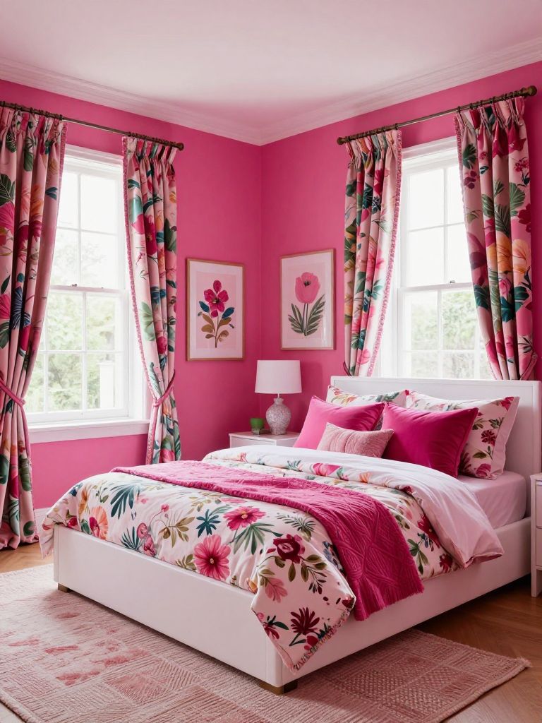 A bold glam pink bedroom with vibrant hot pink walls and oversized floral patterns creating an energetic feminine interior design statement.