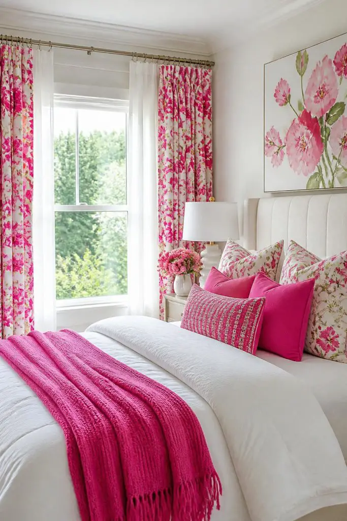 A sophisticated and bold bedroom highlighted by dramatic pink floral curtains layered with crisp white sheers, serving as a lively focal poi.