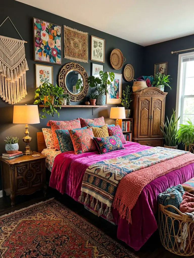 A bold maximalist pink boho bedroom bursting with colorful eclectic energy featuring deep charcoal walls contrasted by vibrant magenta, cora.