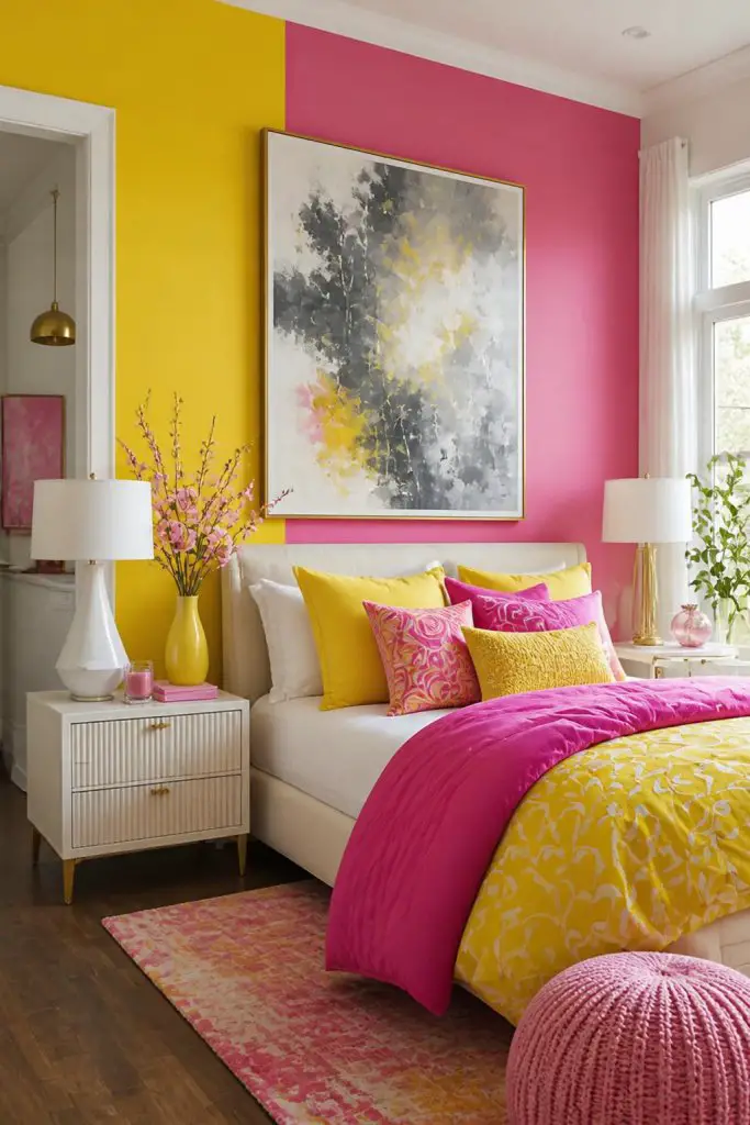 A modern, artistic bedroom defined by its split accent wall—one side bold yellow, the other hot pink—serving as a striking backdrop for a wh.