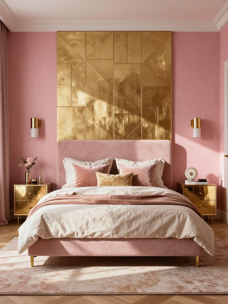 A bold pink and gold bedroom designed with statement wallpaper, glamorous metallic accents, and modern feminine styling that feels luxurious.