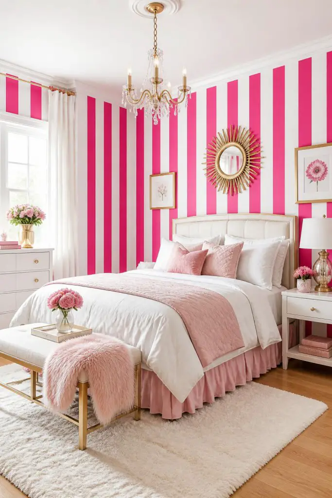 A lively, whimsical bedroom styled in a playful palette of bright pink and white, featuring bold vertical pink stripes running along two acc.