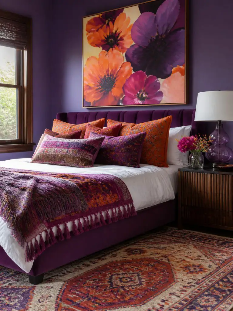 A vibrant artistic purple bedroom featuring bold contemporary color blocking with saturated violet walls and vivid floral-inspired accent de.