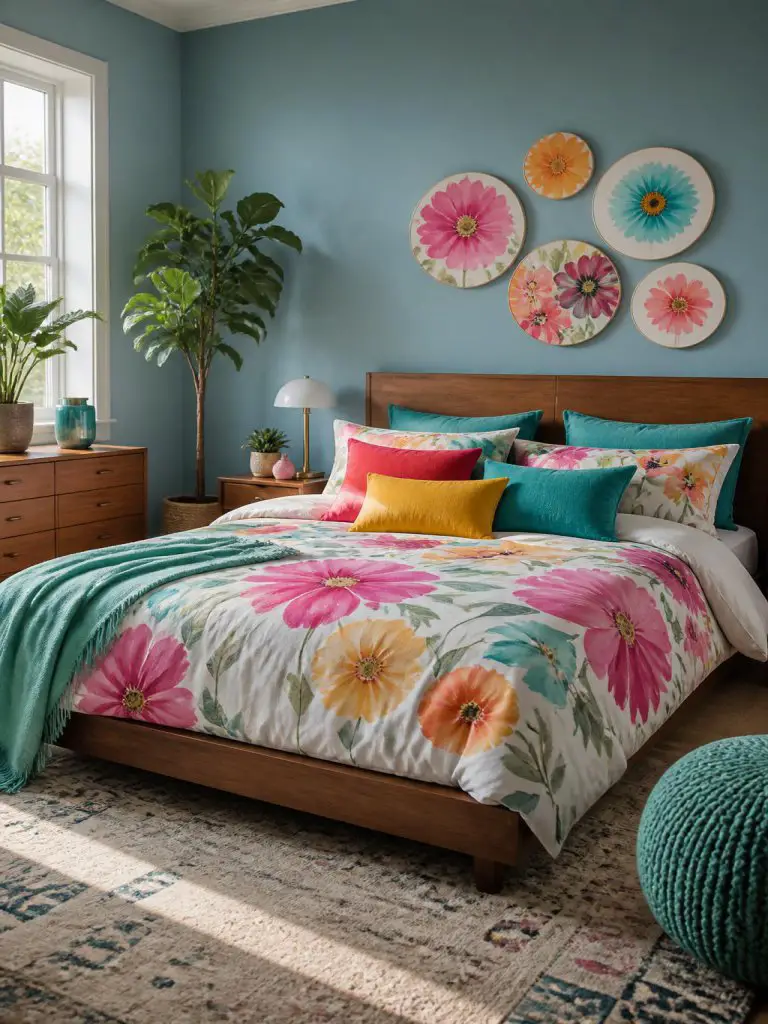 A colorful contemporary floral bedroom designed with vibrant watercolor-inspired bedding layered across a streamlined mid-century walnut bed.