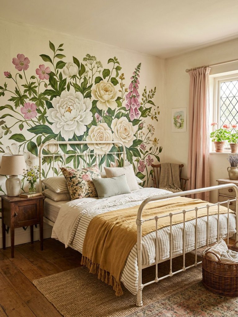A botanical cottage floral bedroom with oversized hand-painted floral mural artwork behind a vintage white iron bed in a relaxed English cot.