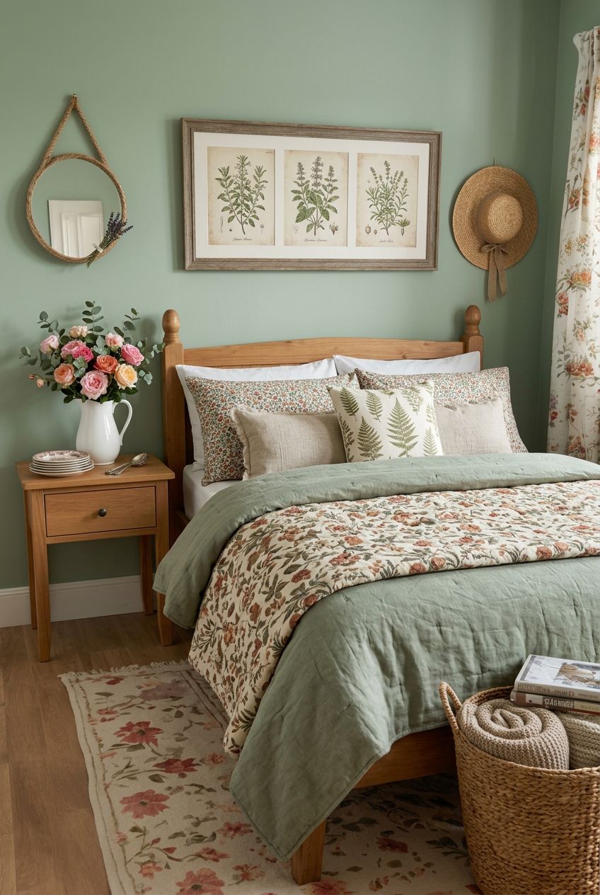 Create a botanical cottagecore-inspired bedroom that balances nature and nostalgia.