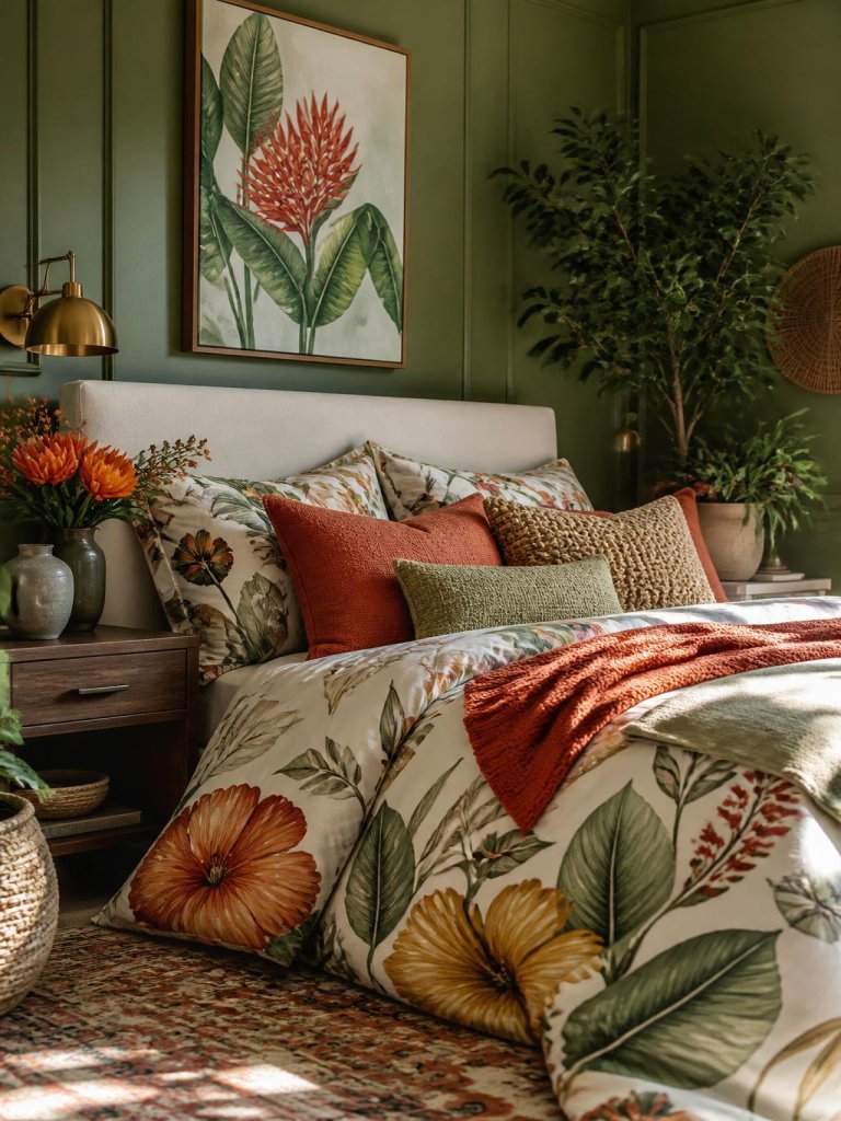 A playful botanical green floral bedroom designed in a modern eclectic style with olive green walls, oversized floral bedding, tropical bota.