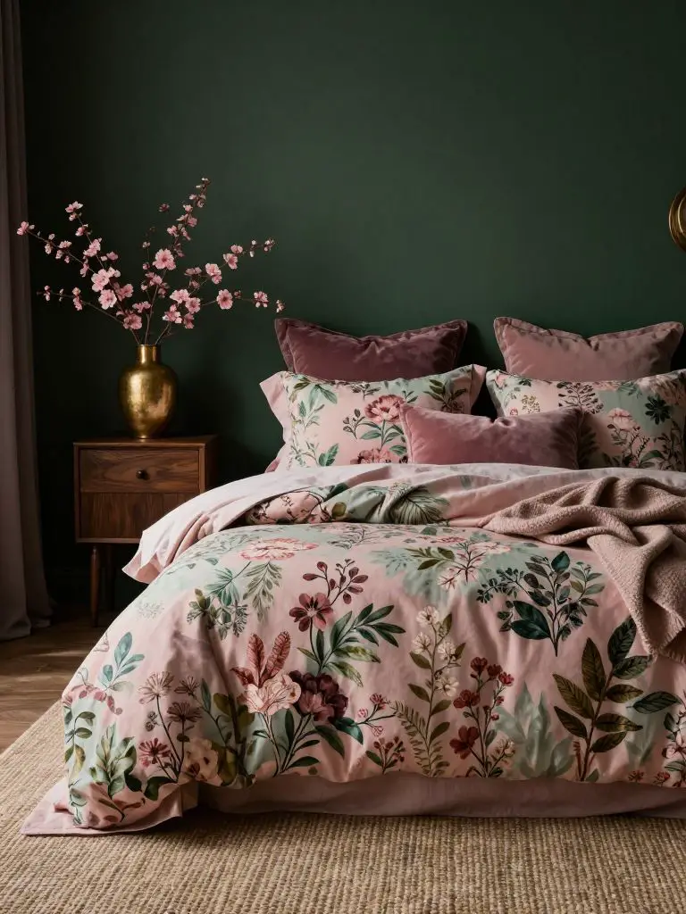 A botanical moody pink bedroom with dramatic dark green walls, floral bedding, and romantic vintage-inspired styling.