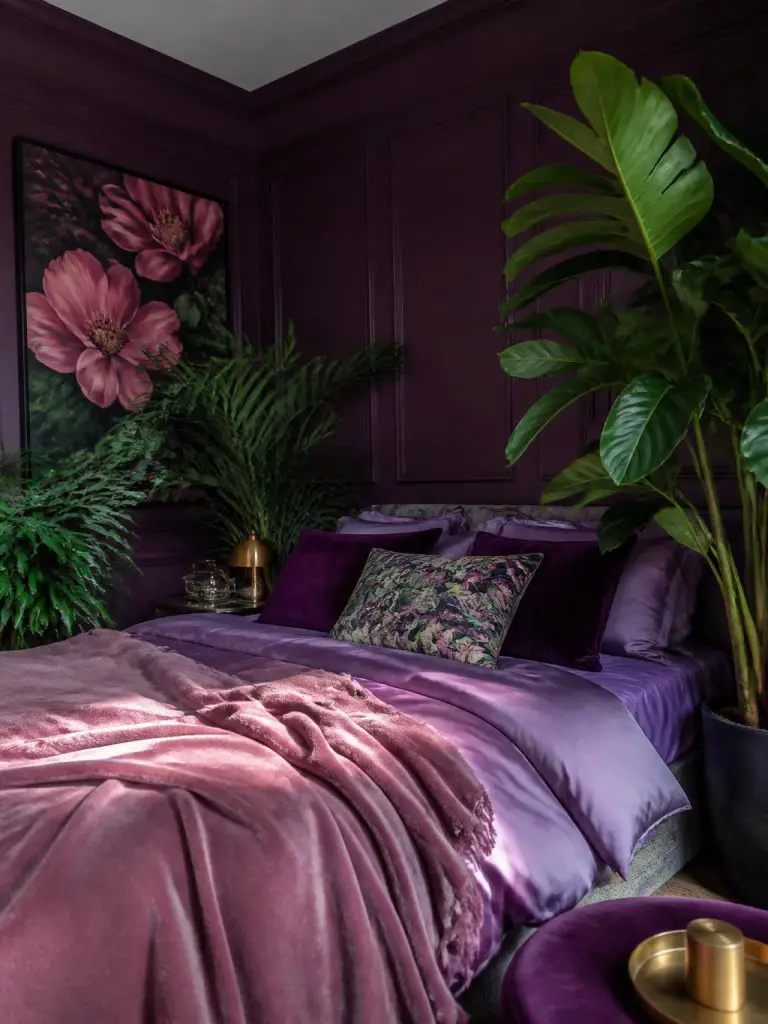 A bold botanical plum bedroom designed with rich jewel-toned walls, tropical greenery, and layered floral textiles for a dramatic contempora.