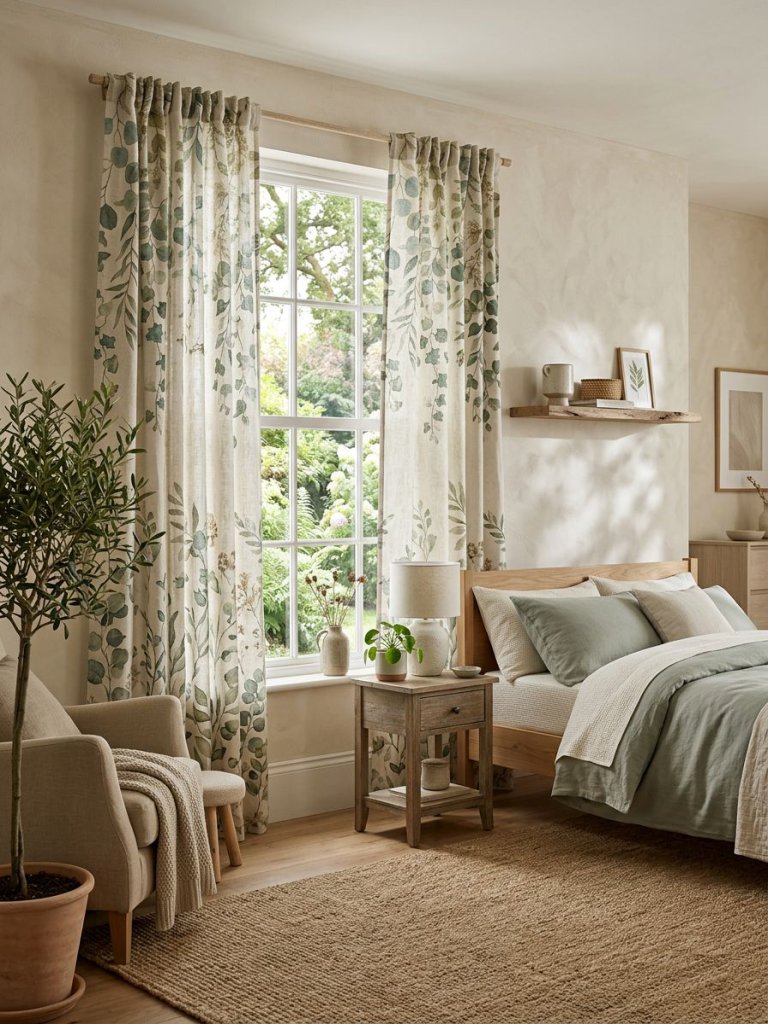 A calming nature-inspired bedroom featuring floral curtains with eucalyptus vines, trailing ivy, and muted greenery patterns flowing across.