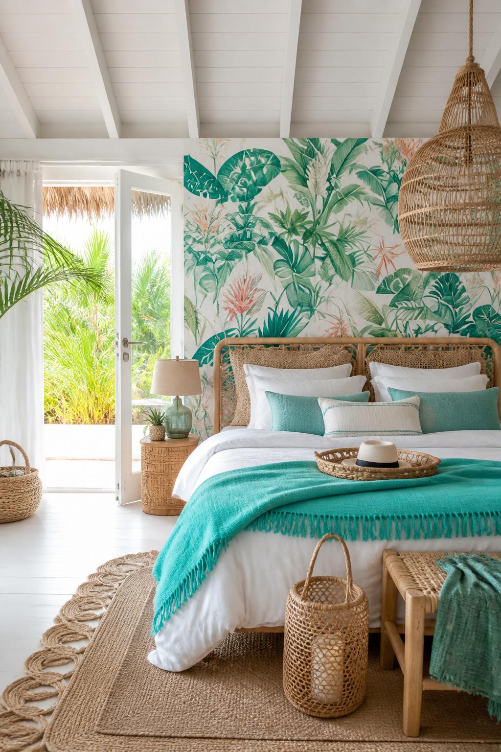 Illustrate a coastal bedroom with a dramatic botanical feature wall filled with oversized teal and green leaves.