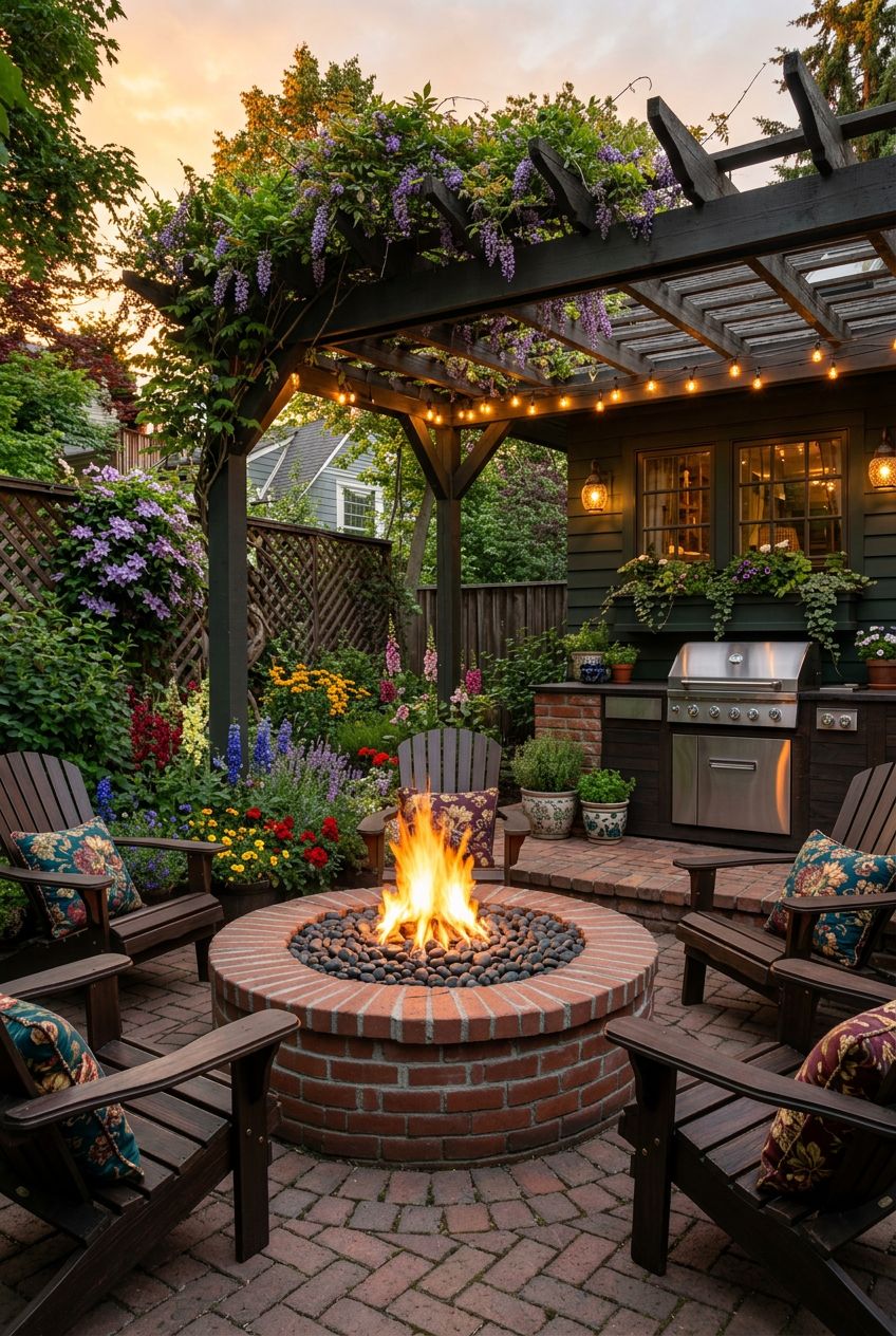 A charming backyard entertainment space with a brick circular fire pit as the heart, set on herringbone-paved bricks.