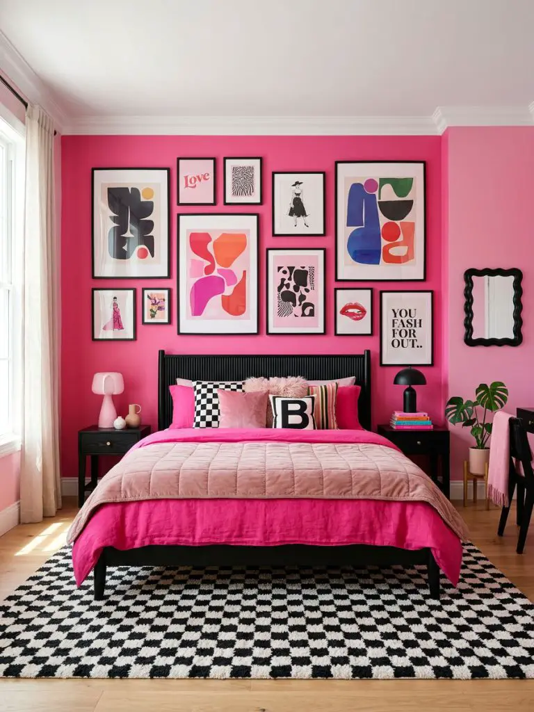 A vibrant Barbiecore-inspired black and pink bedroom designed with playful modern glam details and clean interior photography styling.
