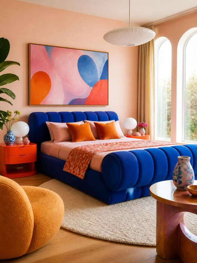 interior photography of a bright eclectic pink orange and blue bedroom with playful statement furniture and vibrant layered styling.