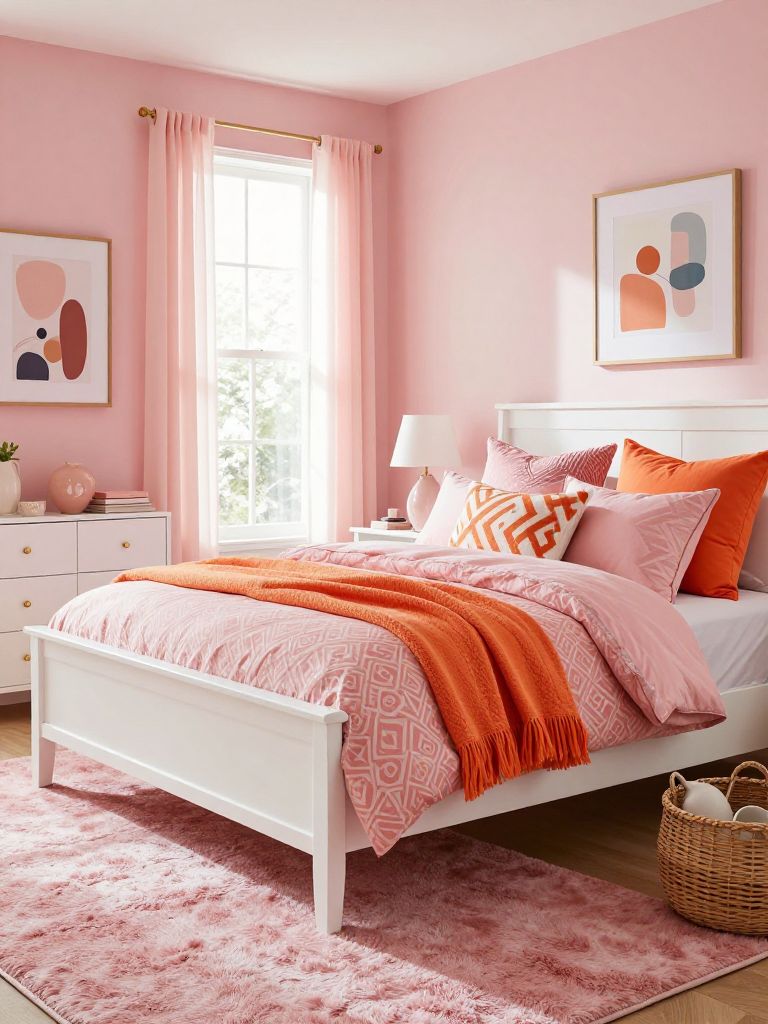A bright feminine pink and orange bedroom featuring crisp white furniture paired with vivid coral and blush textiles in a cheerful contempor.