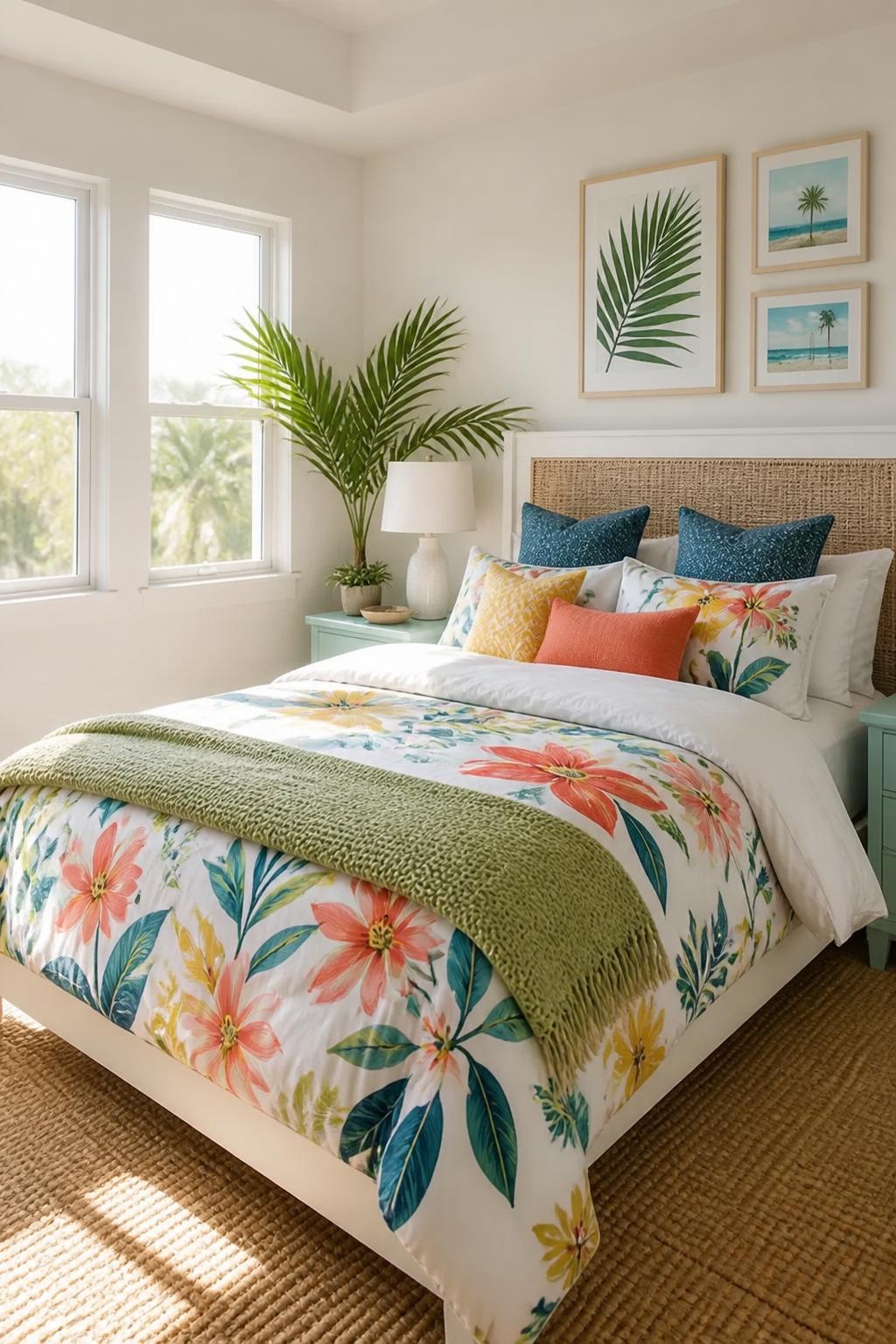 Highlight a bright, cheerful bedroom where colorful floral bedding takes center stage against soft ivory walls.