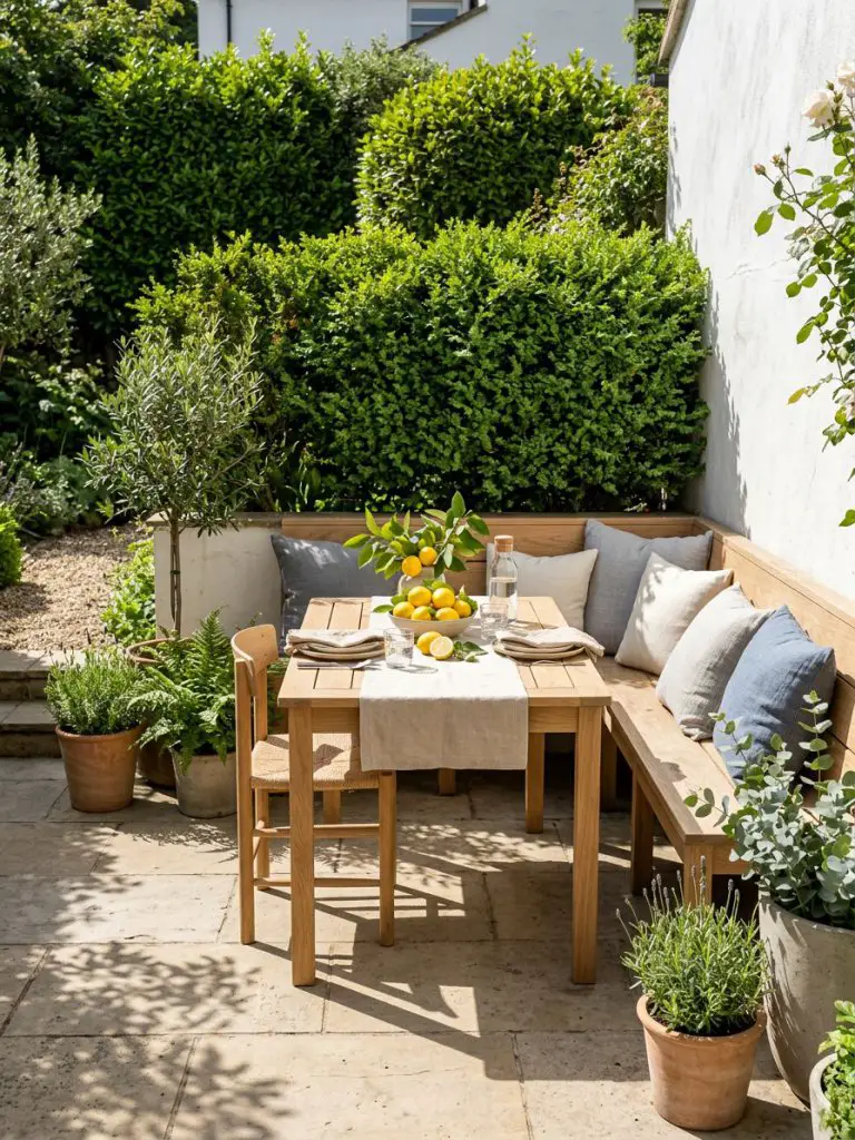 A bright small garden dining nook designed in a Scandinavian-inspired minimalist style, featuring a compact wooden dining table with matchin.