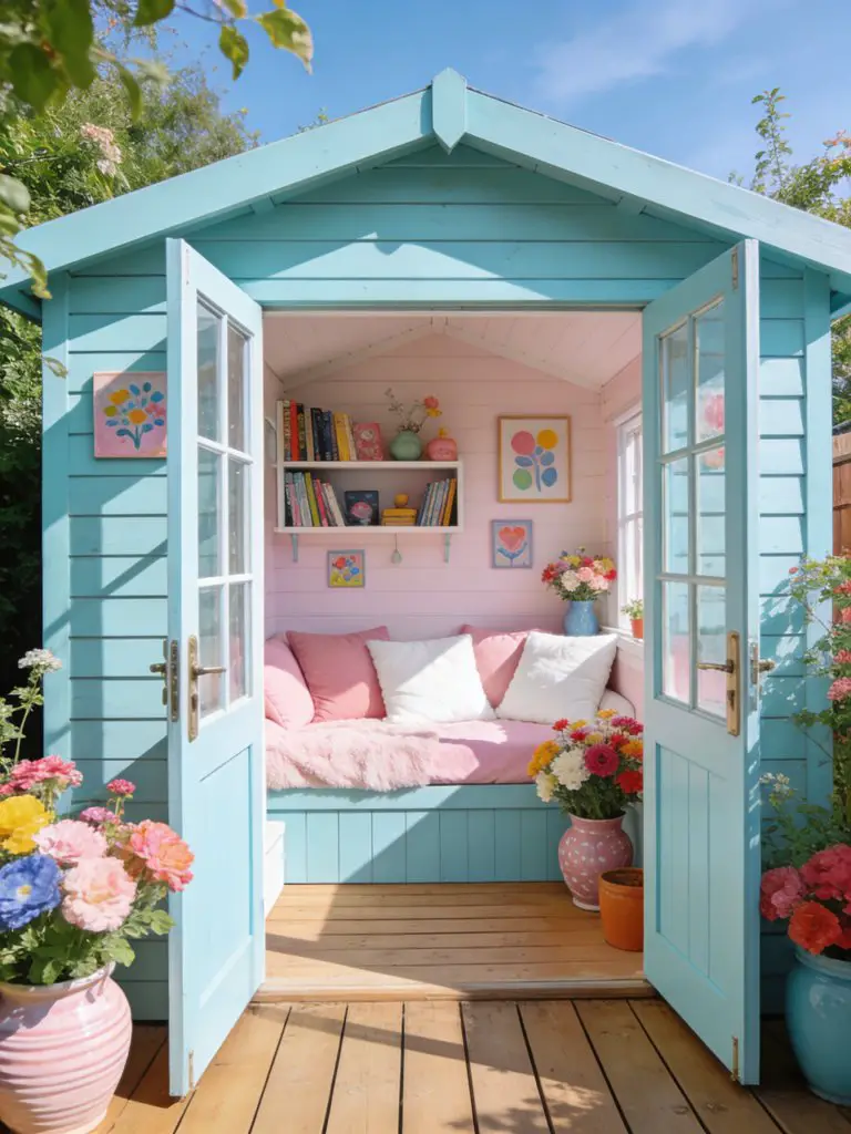 A bright and playful pastel garden studio designed in a whimsical modern cottage style, featuring a compact wooden garden room painted in so.