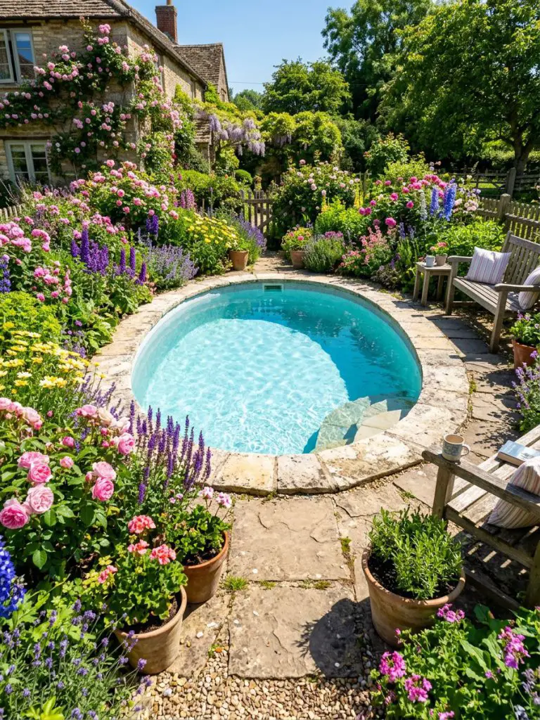 A bright small outdoor pool idea set in a compact garden bursting with colorful flower beds.