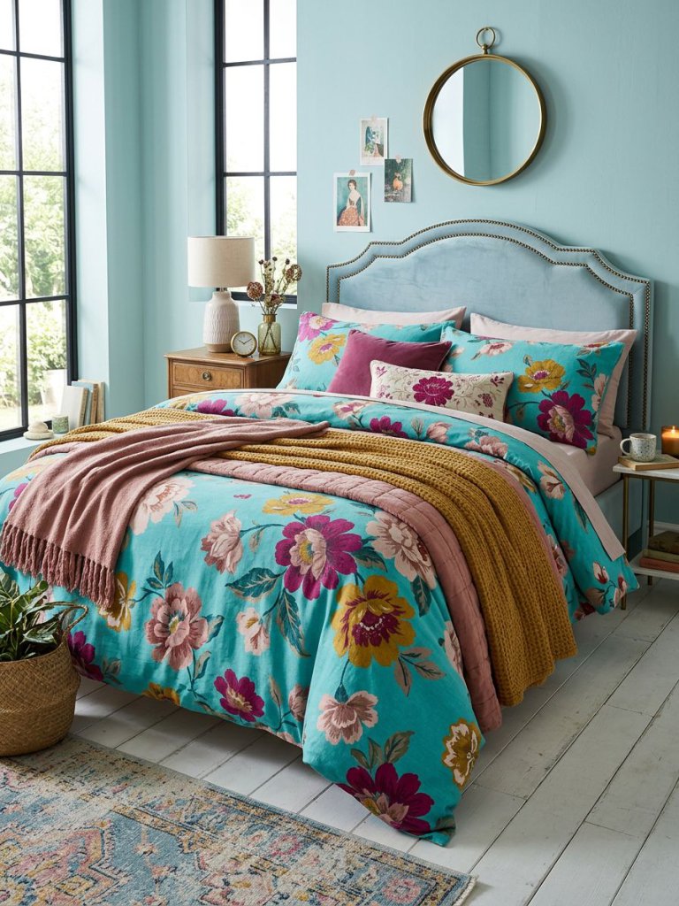 A playful vintage-inspired bedroom centered around turquoise floral bedding layered with oversized magenta, mustard, and blush blossoms.