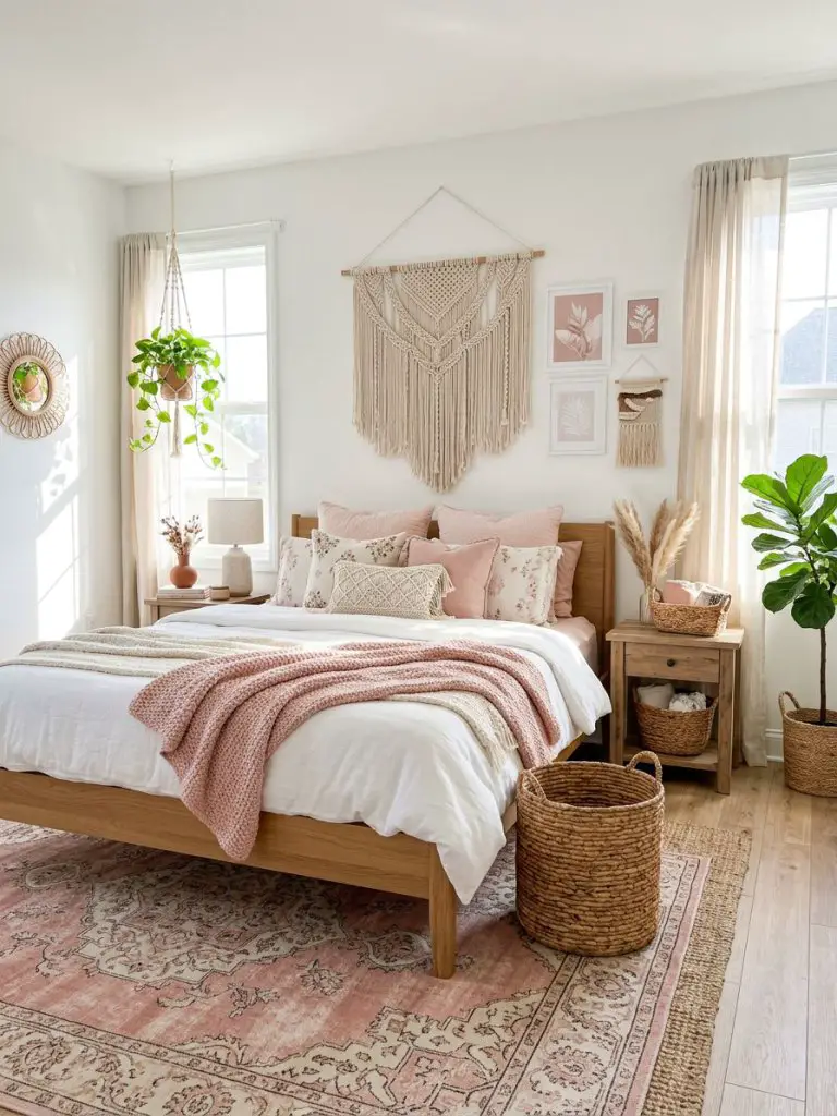 A bright white and pink bohemian bedroom designed with airy modern rustic styling featuring crisp white walls softened by blush pink layered.