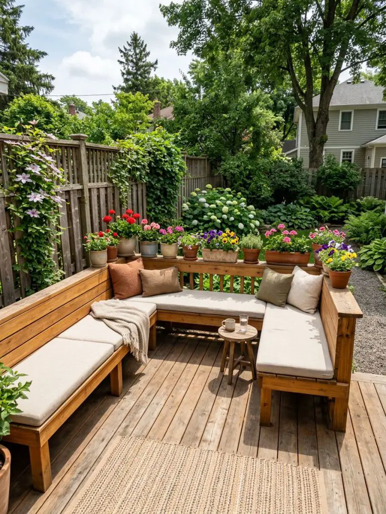 A small garden deck with built-in seating wrapping along the perimeter in a U.