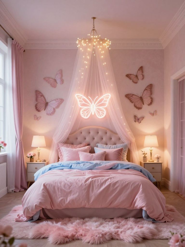 A whimsical fairycore pink bedroom with a romantic canopy bed dressed in blush pink and pastel blue bedding, styled in a dreamy feminine int.