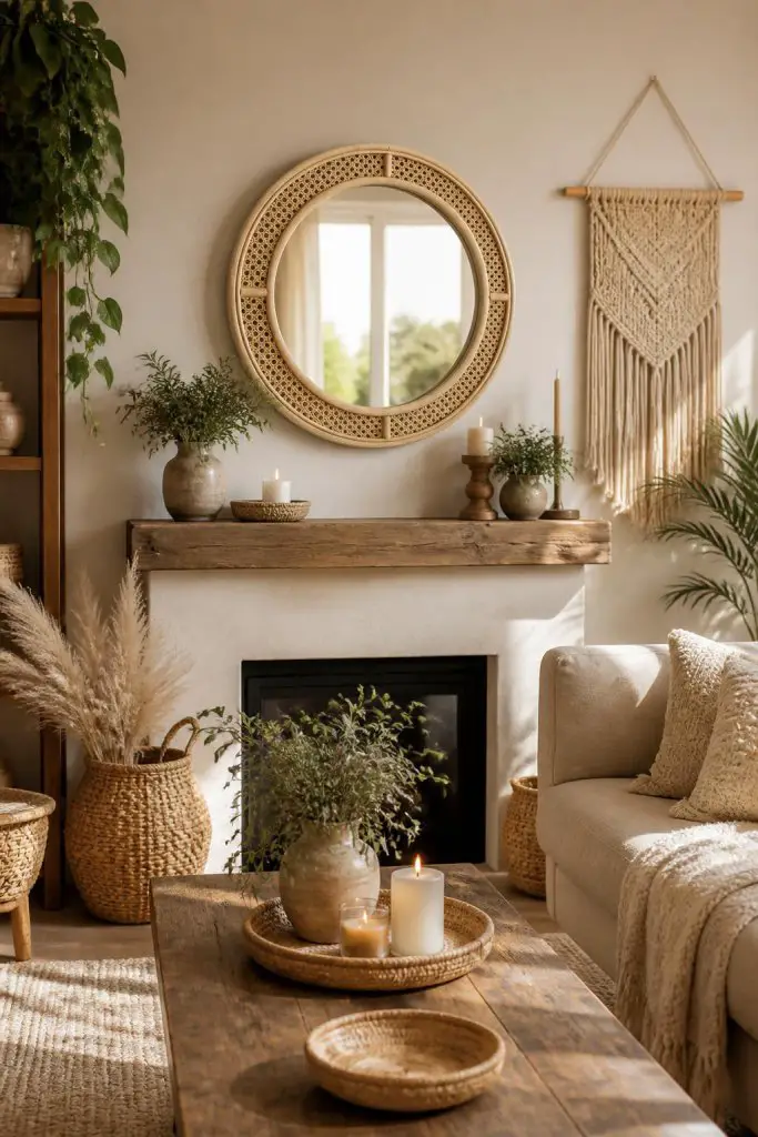 An inviting boho-chic living space with a large, round cane-accented mirror positioned over a chunky wooden mantel and a minimalist fireplac.